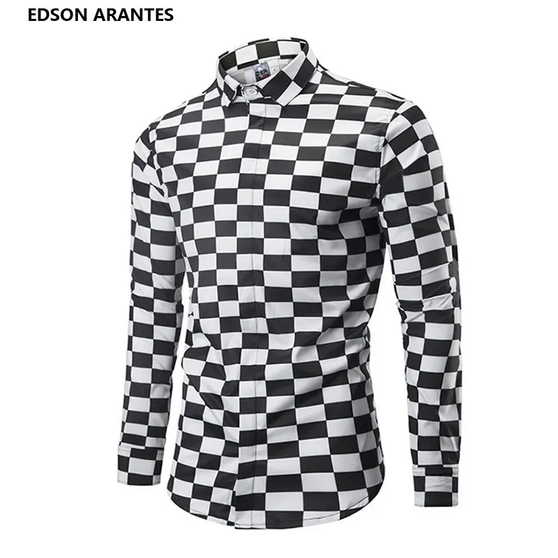 Black And White Plaid Dress Shirt Mens EDSON ARANTES Fashion Male Shirt Vintage Black White Plaid Dress Shirts