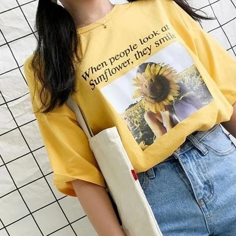 mel vægt farmaceut hahayule jbh Smily Sunflower Aesthetic Yellow T Shirt Women&#39;s Korean  Fashion Oversized Tee 90s Kawaii Ulzzang Shirt|T-Shirts| - AliExpress