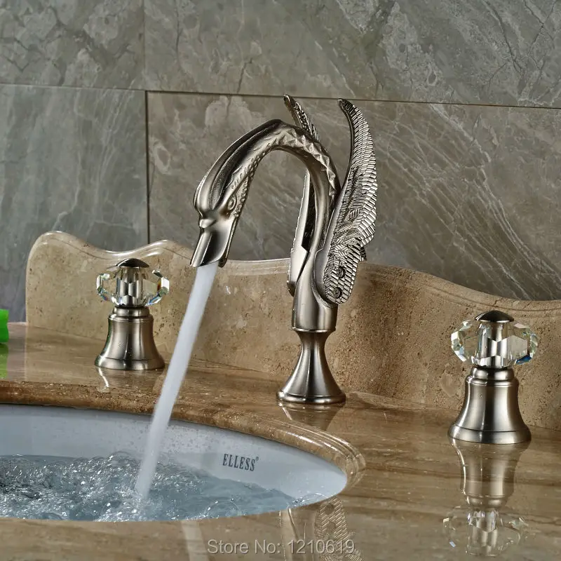 

Newly Swan Shape Basin Faucet Mixer Tap Crystal Handles Nickel Brushed 3Pcs Sink Faucet Three Holes