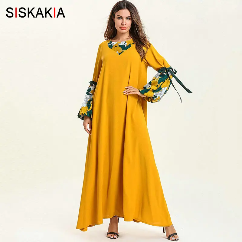 

Siskakia Women Casual Print Long Dress Fashion Bow Bandage Lantern Sleeve Maxi Dresses Yellow Draped Swing Spring Fall 2019 New