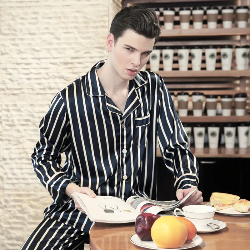 

SSH0142 Satin Silk Mens Pyjama 2018 Striped Sleepwear Nightwear Brand 2 Pieces Pajama Set Spring Autumn Full Sleeves Pant Pijama