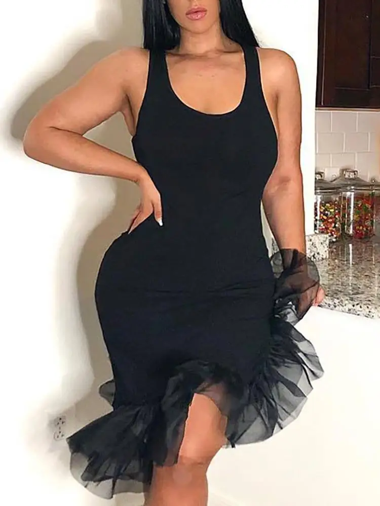 

Summer Hot Solid Black Mesh Ruffles Sleeveless Sexy Lady Women Slim Skinny Club Stylish Bodycon Evening Party Club Dress