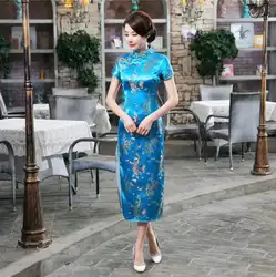 Синий китайский бренд женский шелковый атлас Qipao национальной долго Cheongsam Для женщин торжественное платье ручной работы и пуговицы платье