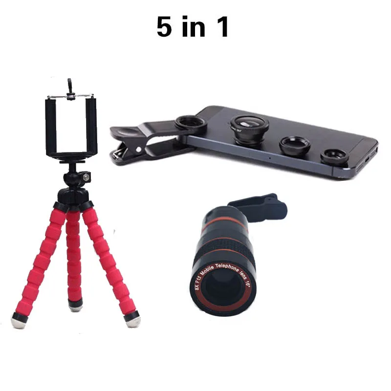 Univesal New 5in1 8X Zoom Phone Camera Lens Telescope with Flexible Tripod 3in1 lens Fisheye Lens