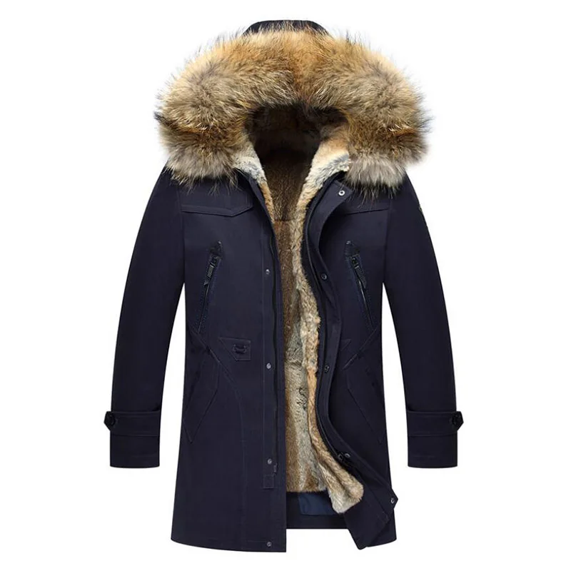 Зимние мужские парки с воротником из меха енота, пальто с подкладкой из меха кролика Рекс, мужские куртки, теплое длинное пальто EW104 - Цвет: black