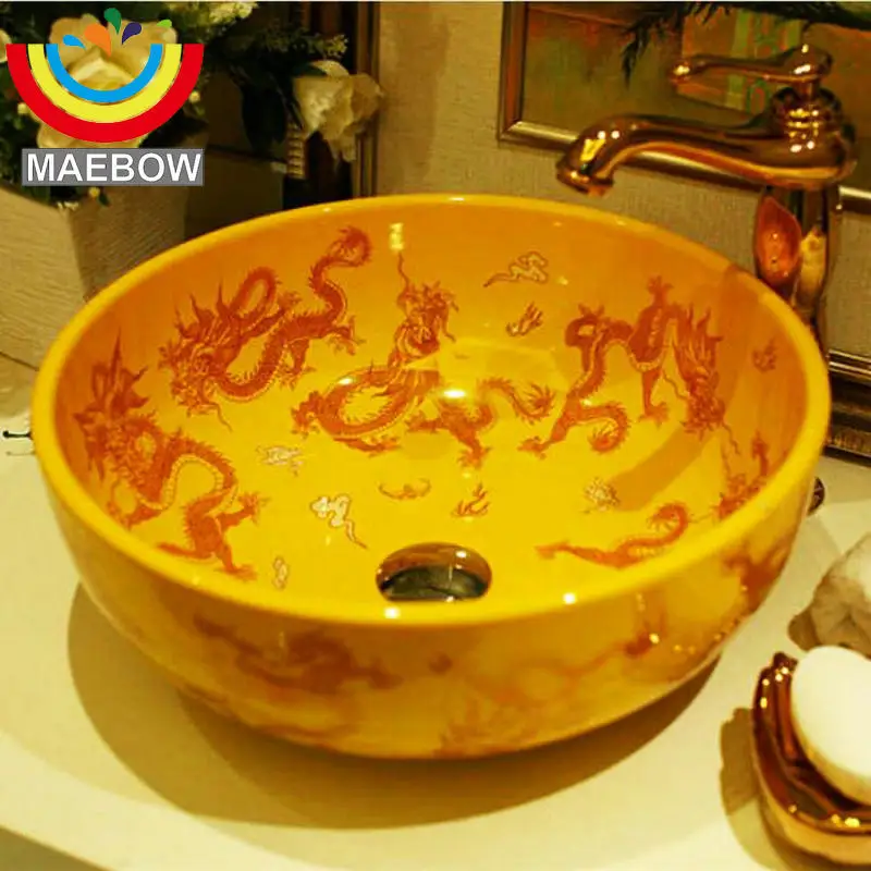 Artistc фарфор Ванная комната раковина желтый дракон столешницы Керамика умывальник Ванная комната раковина
