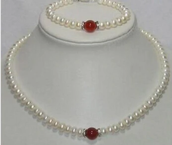 

Free shipping .446 natural 7-8mm white pearl&red necklace&bracelet sets jewelry