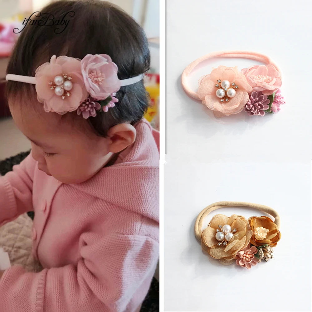 

Chic Baby headband nylon flower headband burn flower with stamen rhinestone headband