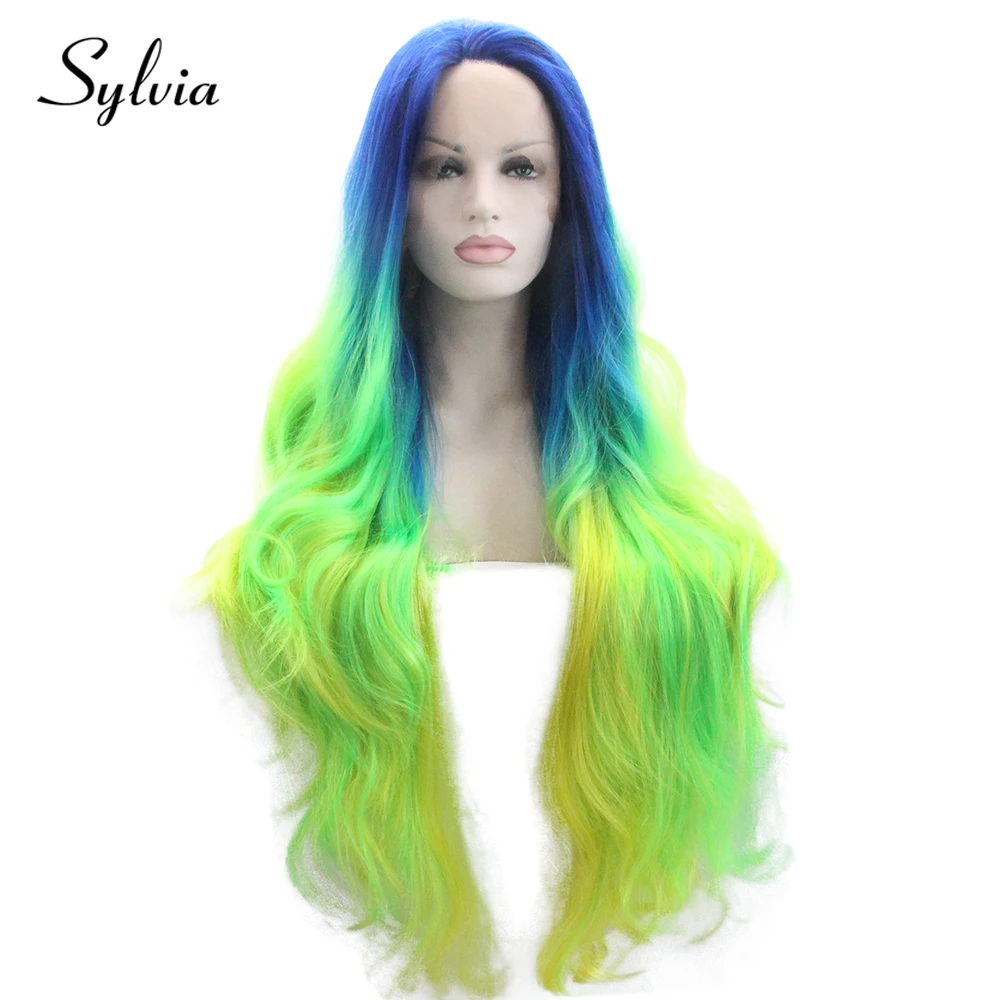Sylvia Синий Зеленый Желтый Ombre естественная волна Синтетический Синтетические волосы на кружеве парики 180% Плотность термостойкие волокна волос для женщин