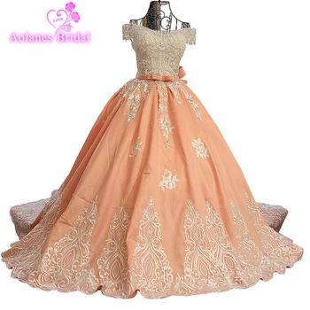 

AOLANES 2017 Free Shipping Dubai Arabic Ball Gown Appliques Evening Dresses Long Orange Formal Prom Gowns robe de soiree longue