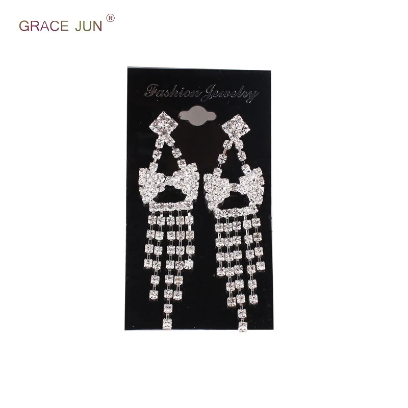 

GRACE JUN Top Quality Rhinestone Crystal Bowknot Long Tassel Dangle Drop Earrings for Women Party Prom Fashion Elegant Earrings