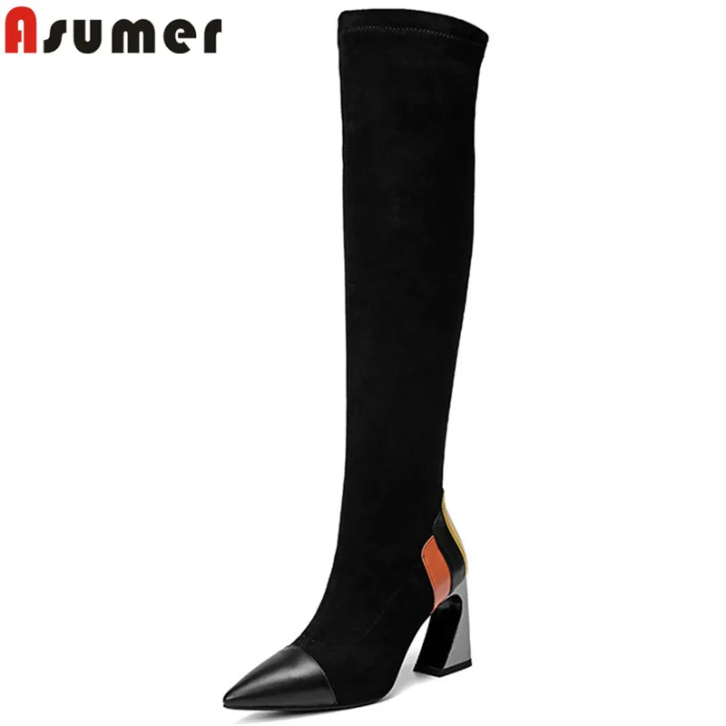 

ASUMER 2019 hot sale new over the knee boots women pointed toe stretch fabric+cow leather boots high heels shoes woman
