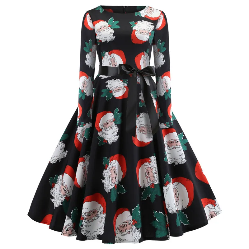 Kostlich Christmas Elegant Swing Rockabilly Dresses O-Neck Long Sleeve Women Dress With Sashes Audrey Hepburn 50s Vintage Dress  (44)