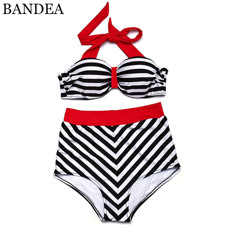 BANDEA bikinis de cintura alta para mujer, traje de baño a rayas de