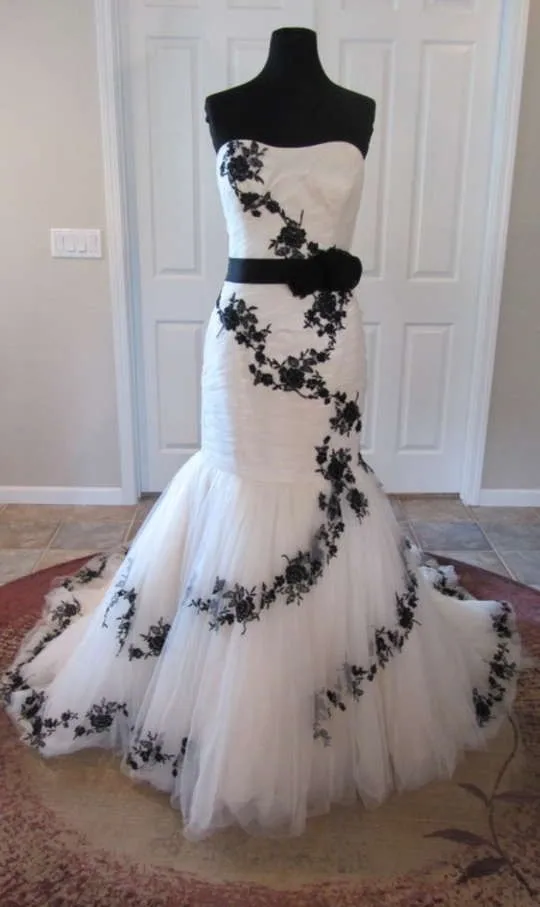 white dress with black roses