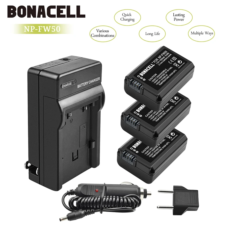 

bonacell for Sony NP-FW50 FW50 Camera Battery + Charger for Alpha A6500 A6300 A6000 A7r A5000 7R A7R A7R II A7S A7S II A7