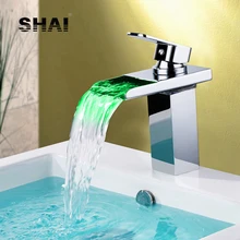 SHAI светодиодный светильник, стеклянный водопад, кран для раковины, хорошее качество, смеситель для горячей и холодной воды, хромированная отделка, латунный кран, Квадратный светодиодный кран