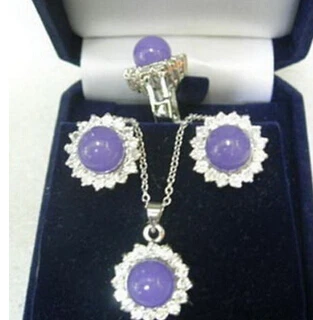 

FREE SHIPPING>>@> Jewelry 001270 Purple Jade 18KWGP Crystal Pendant Necklace Earrings Ring Natural jewelry