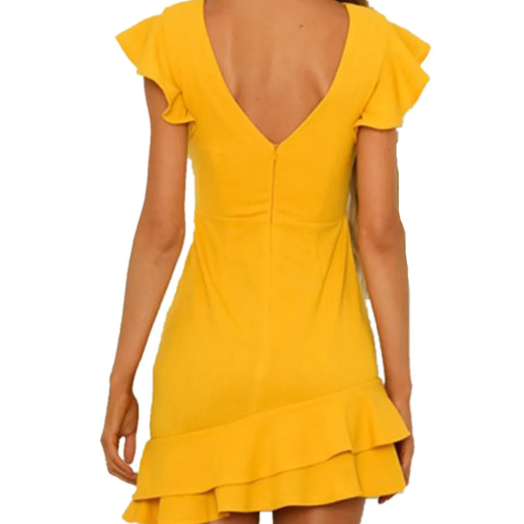 

Ladies spring fashion dresses Women Fashion Sexy Solid Short Mini Dress Sleeveless Casual with Ruffles Backless O-Neck c0424