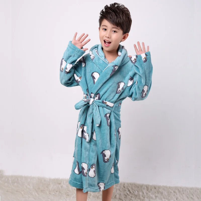Милый детский Халат фланелевый банный халат с длинными рукавами для маленьких мальчиков и девочек, зимняя теплая Домашняя одежда с капюшоном и рисунком, одежда для сна для детей возрастом от 6 до 12 лет
