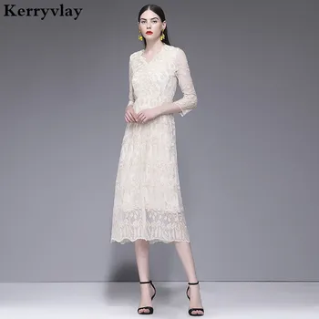 

High-end Summer Water-soluble Lace Midi Party Dress Zomerjurk Dames 2020 Twotwinstyle Runway Sundress Vestido Branco K3562