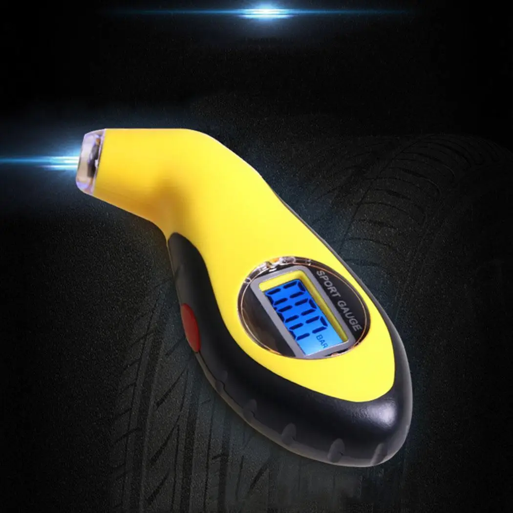 

LCD Digital Auto Car Air Pressure Button Battery Tire Blue Tyre Gauge PSI, KPA, BAR,KG/CM. Tester Yellow Tool