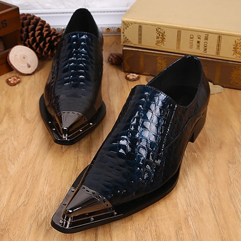 

2019 Spring Autumn Chaussure Alligator Man Leather Shoes Party Slip On Oxfords Metallic Toe Blue Men's Business Formal Shoes