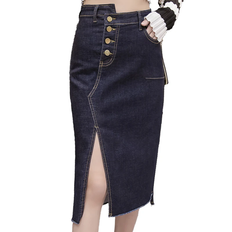 

spring autumn High Waist Single Breasted Women Jean Skirt Stretch Skinny split step Pencil Skirt