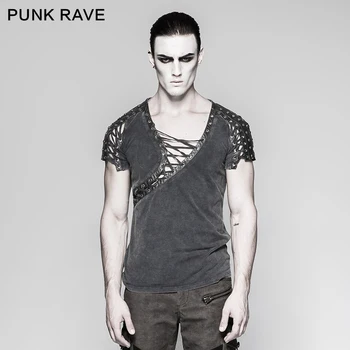 

New Arrival Steampunk Asymmetric Neck Personality Cropped T-shirt mens casual tshirt fashion stylish rock steam punkt shirt T463