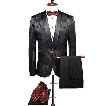 

Floral Suits Men 2019 Slim Fit Groom Wedding Suit Shawl Collar Tuxedo Jacket Pants Luxury Prom Party Stage Suit