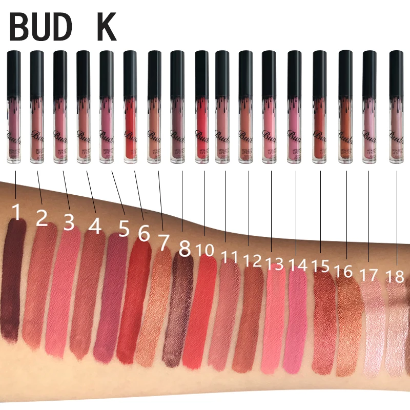 

2018 BUD K Makeup Metallic 18 Color Matte Lipstick Waterproof Lasting Batom Shimmer Nude Liquid Lipstick Lip Gloss lip color hot