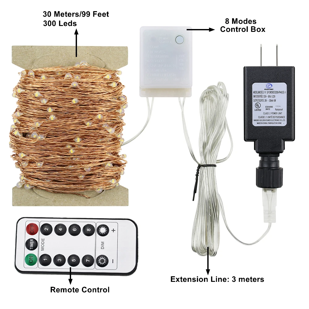 30 м 50 м светодиодный светильник, медная проволока, Рождественская Звездная фея, декоративные Праздничные огни+ ul адаптер+ пульт дистанционного управления, 8 режимов