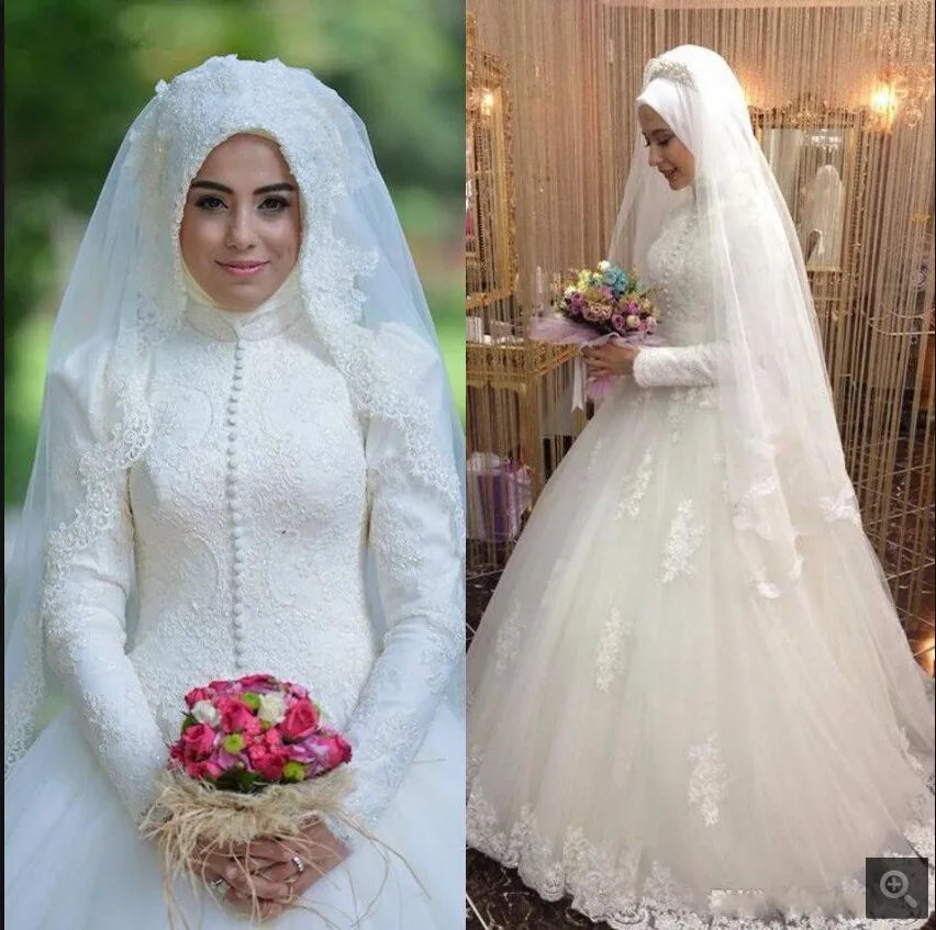 Modest Arabic Style Bridal Gown Islamic Long Sleeve Muslim Women