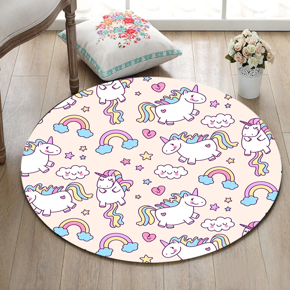 

Round Children's Room Carpets Living Room Floor Area Rugs Bathroom Non-Slip Cushion Home Door Mat Cute Unicorn And Rainbow Stars
