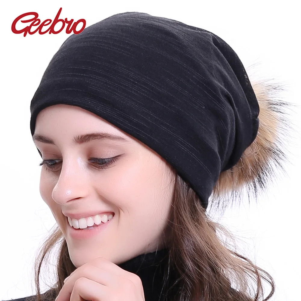 Geebro, Женская одноцветная шапка в рубчик, шапка с енотовым помпоном, Зимние Повседневные вязаные шапки для женщин, Шапка-бини Skullies
