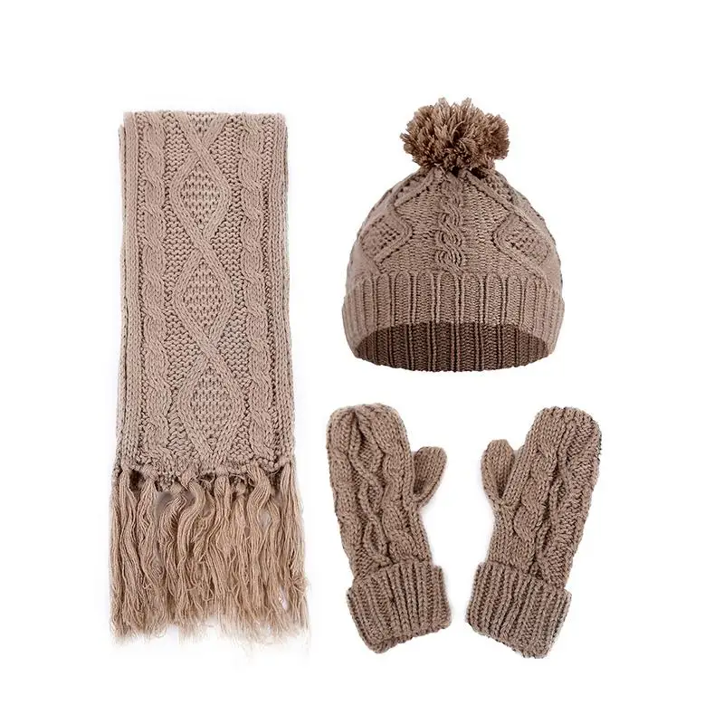 Two Pieces of Knit Hat and Scarves with Fuzzy Ball Twist Knitting Shawls for Girls and Women