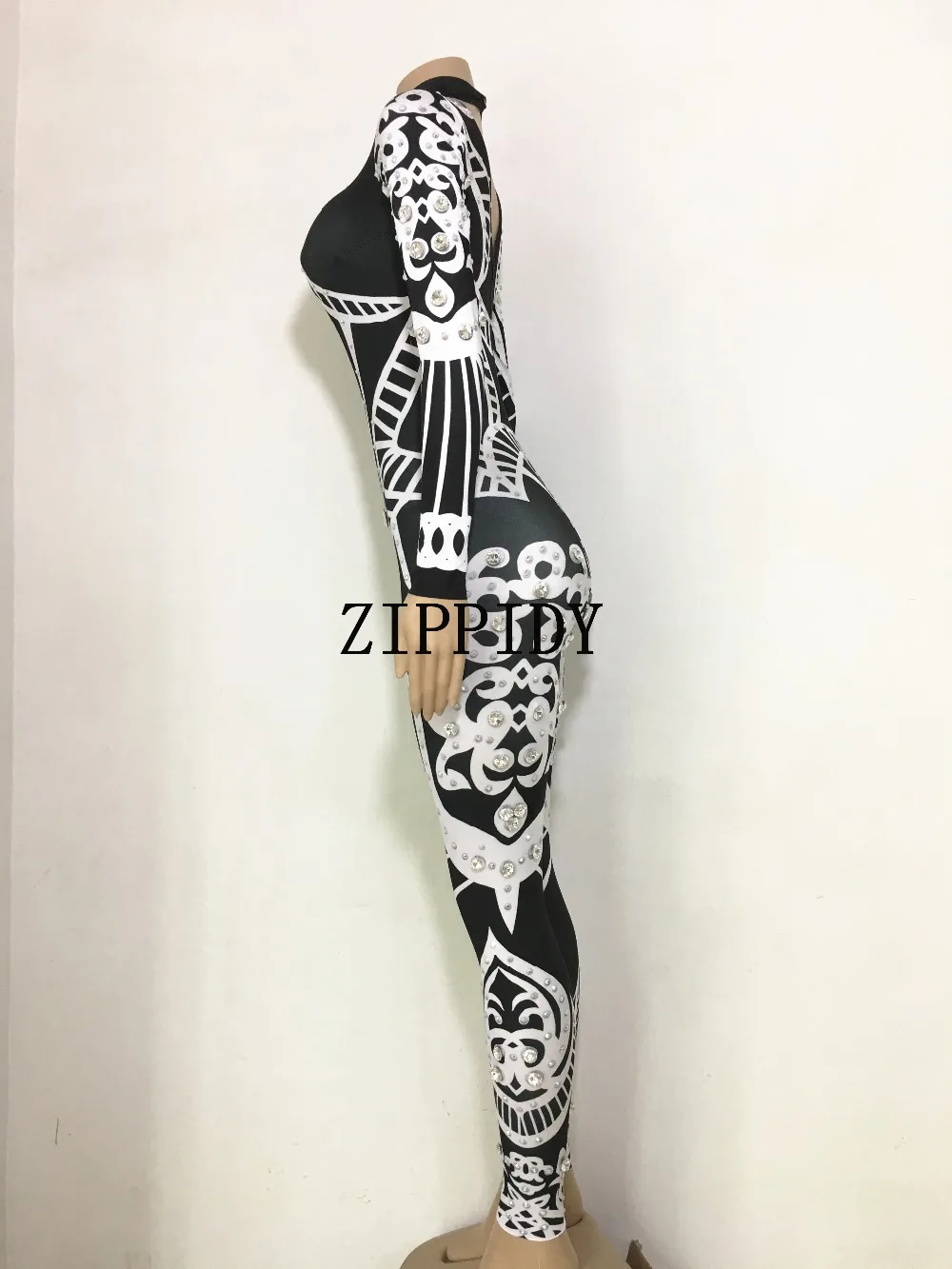 Fashion Shining Black White Printed Rhinestone Jumpsuit Female Leggings Costume One-piece Bodysuit Stretch Outfit Party Costume