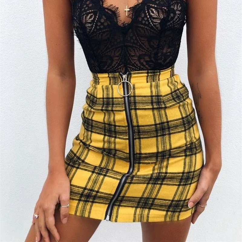 

2019 Preppy Style Women Red Yellow Plaid Short Skirts High Waist Front Zipper Mini Skirts
