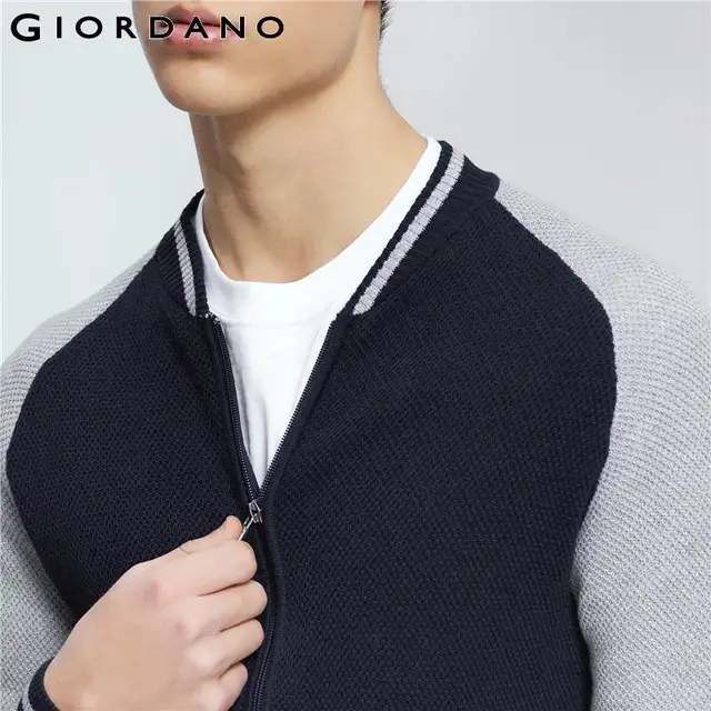 Giordano Men Sweater Baseball Collar Combed Cotton Cardigan Stripes Design Ribbed Cuffs Zip  Sweaters Male Maglione Winter