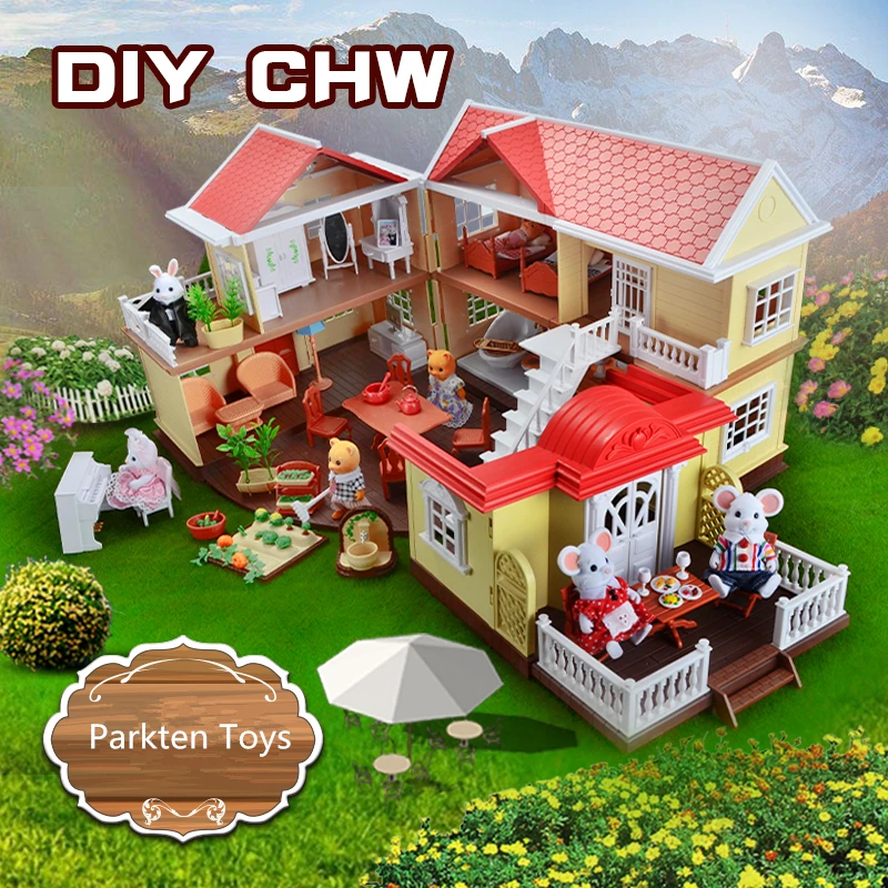 

JMU family DIY hous toys with light furniture and doll big color box package