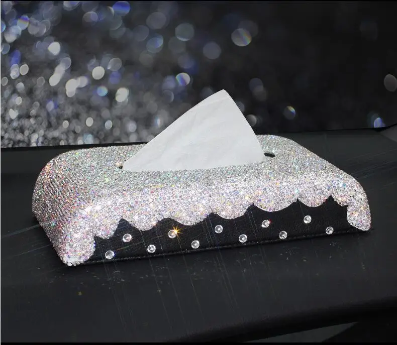 

fashion inlaid diamond black pu leather tissue box car tissue holder napkin holders tissue holder for car PZJH048