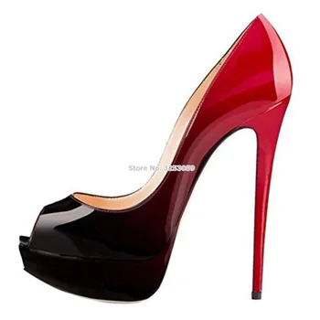 

ALMUDENA Red/Black Leopard Heel Platform Pumps Peep Toe Thin High Heels Mixed Color Patchwork Gradient Color Dress Shoes Wedding