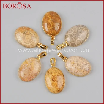 

BOROSA 10 pcs/lot Gold Color Natural Drusy Egg Shape Coral Pendant Bead G0996 Druzy Jewelry