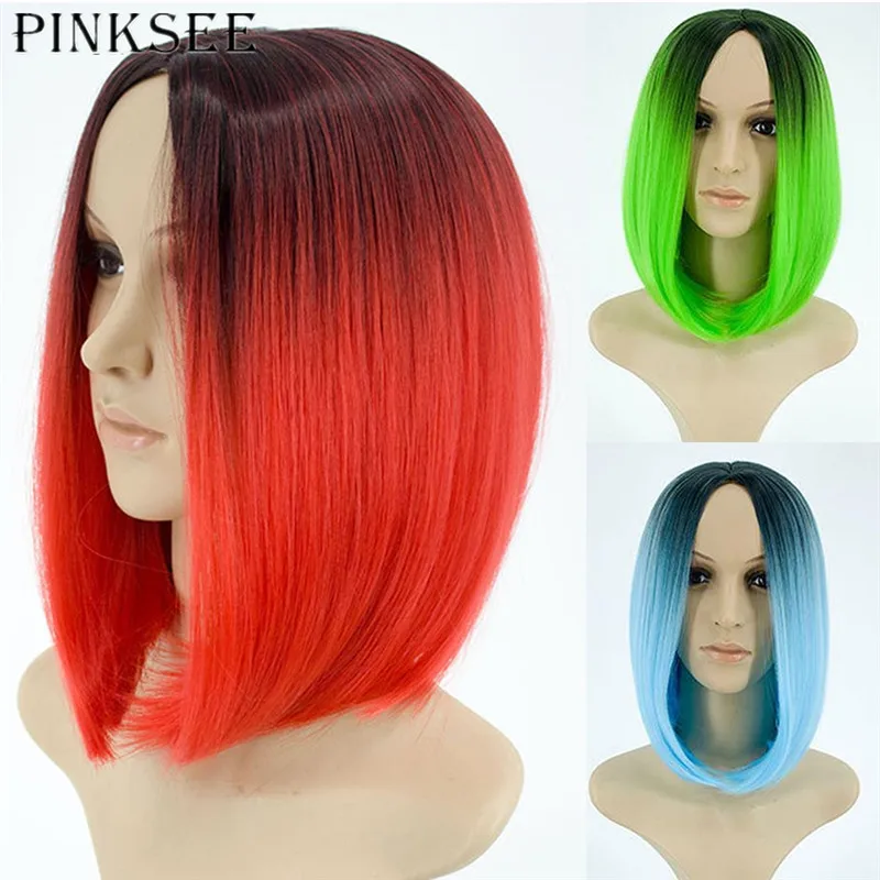 Pinksee Women Straight Short Bob Wig Synthetic Lady Ombre Hair