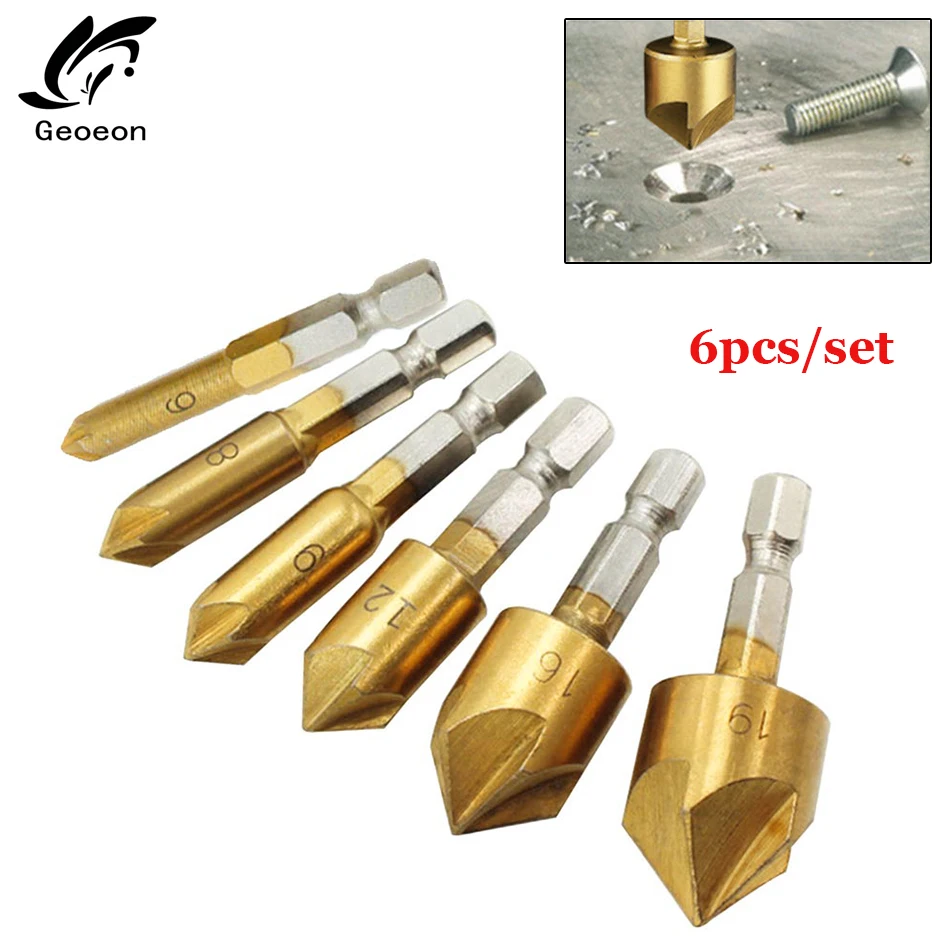 

Geoeon 3/6pcs 5 Flute Chamfer Countersink 1/4" Hex Shank HSS 90 Degree Chamfering Cutter Drill Bit Set Tools Micro Tips A36