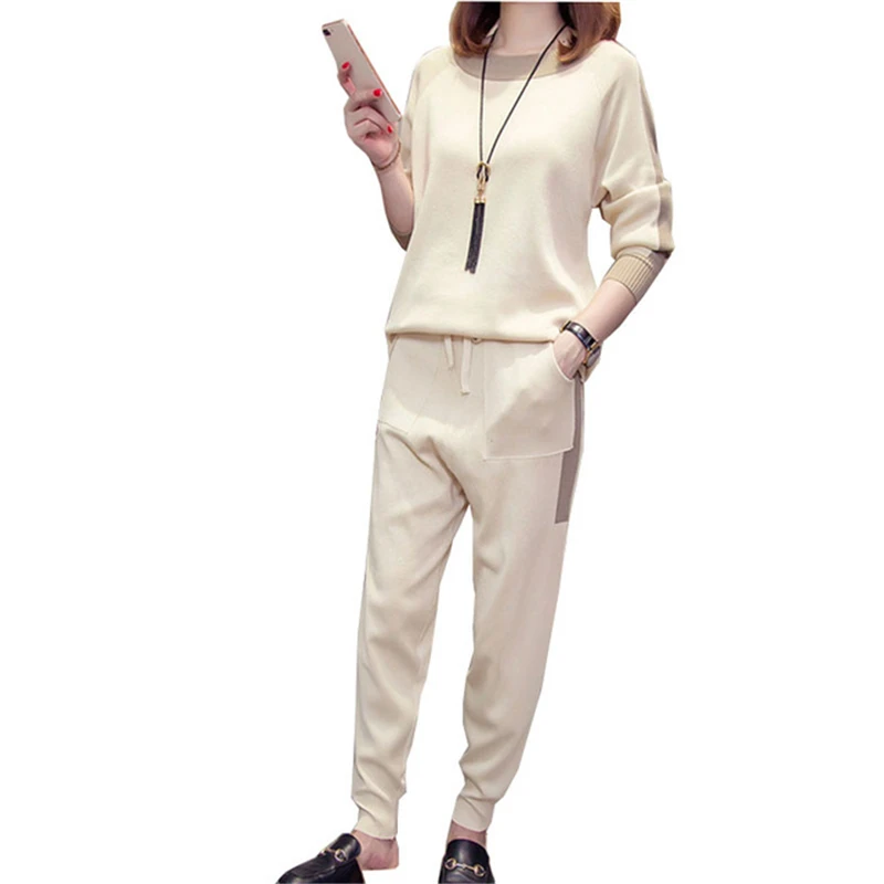 

Large size Loose Women's Knitted 2 piece Sporting Suit 2019 Spring Autumn Casual Sets Female Long sleeve Pullover+Long pant Sets