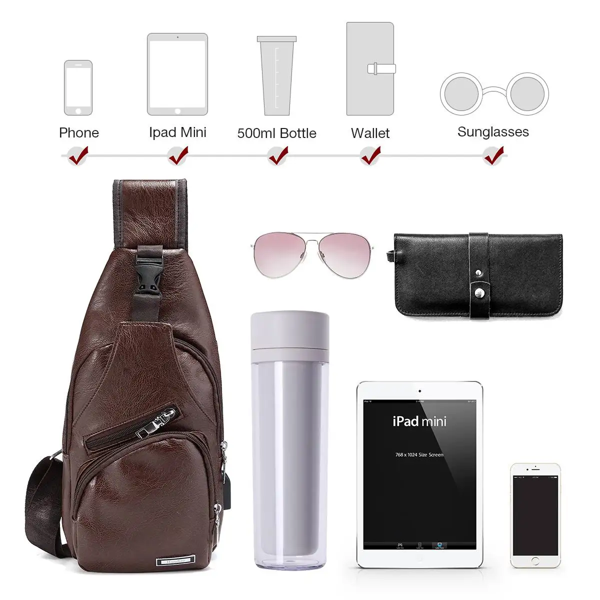  New Men's Chest Bag USB Charging Crossbody Bags PU Leather Shoulder Bag Diagonal Package Back Pack  - 33041395489