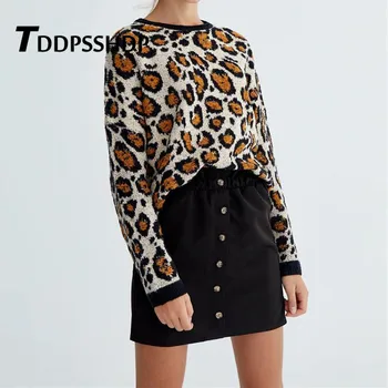 

Contrast Color Leopard Printing Knitted Women Pullover Sweater 2019 New Round Neck Spring Female Sweaters