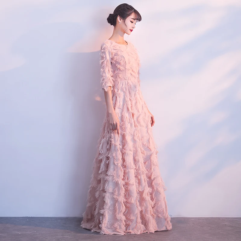 Feather Lace Pink Evening Dresses Long 2019 O-neck With Half Sleeves A-line Floor-Length Formal Dresses Women Elegant Plus Size