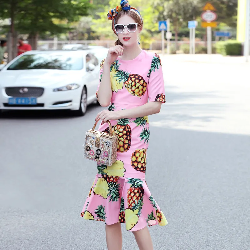 

Customize Women Fashion Pink Pineapple Printing Bodycon Dress Ladies Plus Size 3XS-10XL Trumpet/Mermaid Fishatail Midi Dresses
